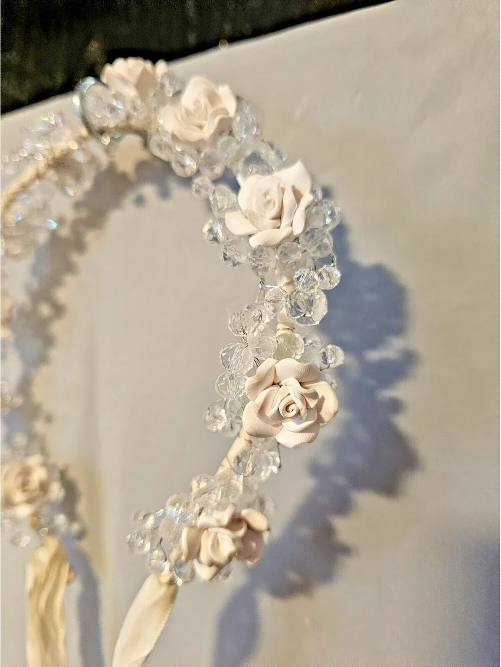 Ivory Floral Bridal Halo Headpiece Roses Crystal Beads Ribbon Tie Crown